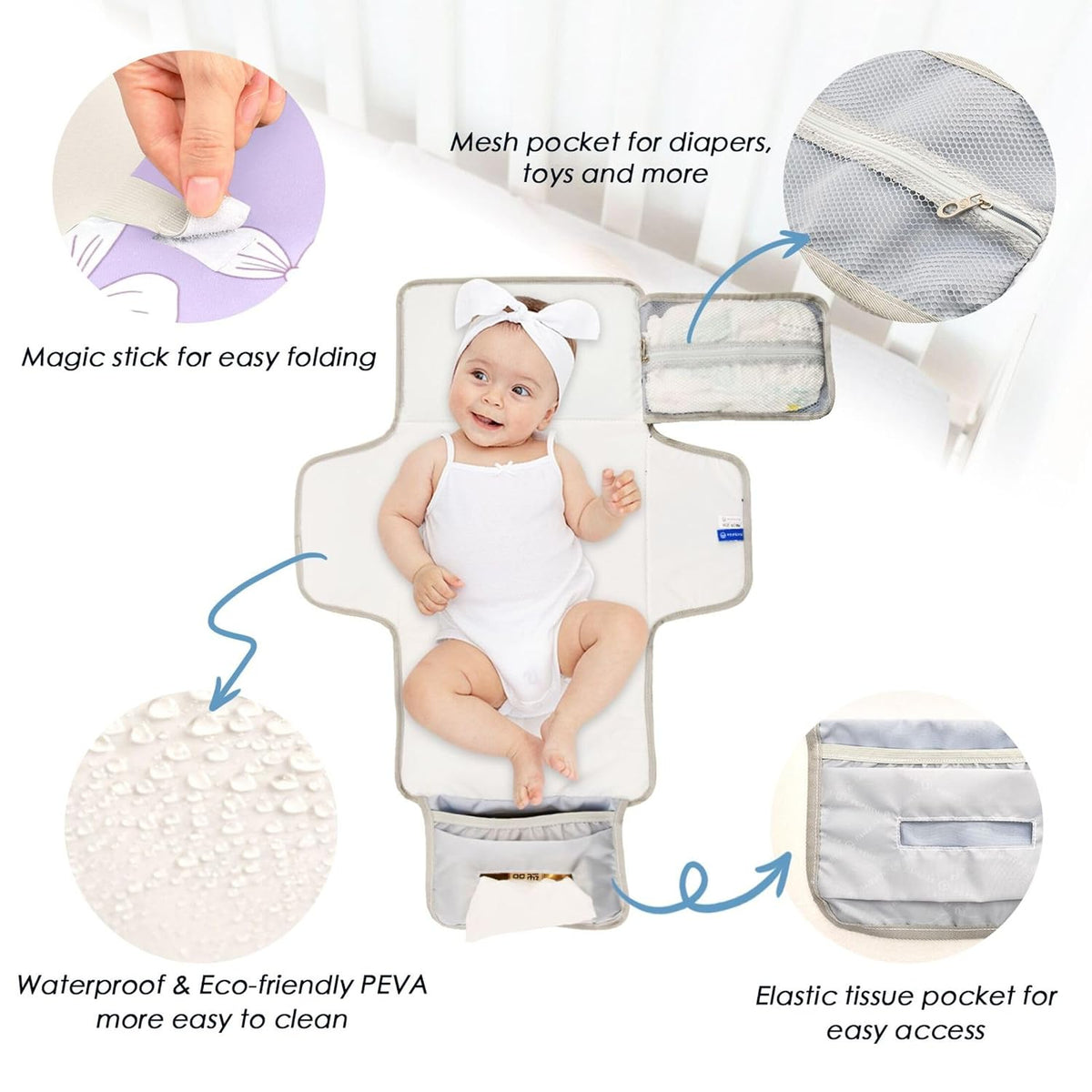 White Bow Purple Background Portable Diaper Changing Pad for Baby, Waterproof & Foldable Changing Mat, Soft & Comfortable with Wipes Pocket, Baby Essentials
