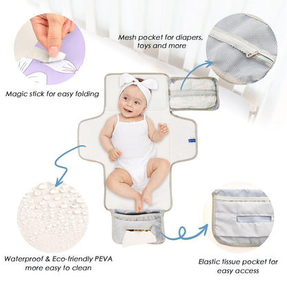 White Bow Purple Background Portable Diaper Changing Pad for Baby, Waterproof & Foldable Changing Mat, Soft & Comfortable with Wipes Pocket, Baby Essentials