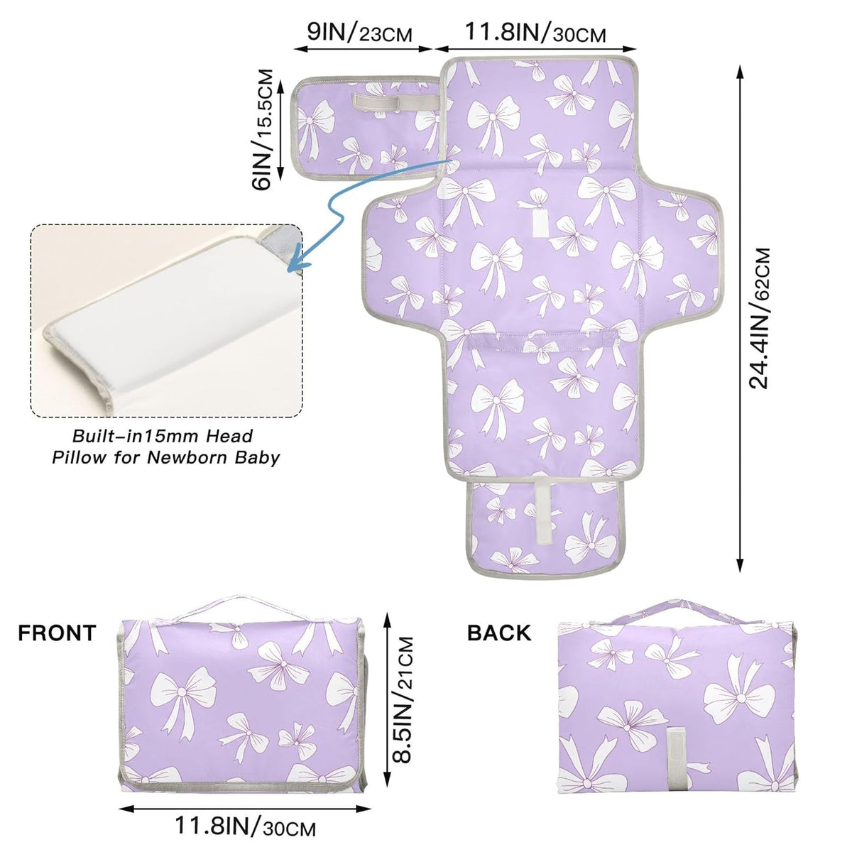 White Bow Purple Background Portable Diaper Changing Pad for Baby, Waterproof & Foldable Changing Mat, Soft & Comfortable with Wipes Pocket, Baby Essentials