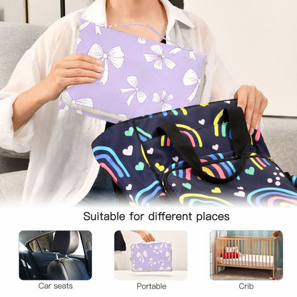White Bow Purple Background Portable Diaper Changing Pad for Baby, Waterproof & Foldable Changing Mat, Soft & Comfortable with Wipes Pocket, Baby Essentials