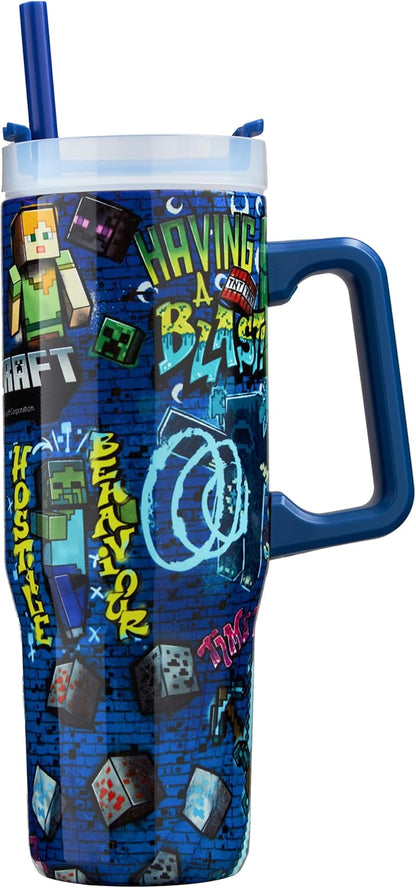 Super Mario Tumbler with Handle and Straw 32 oz, Keeps Hot 8 Hrs, Cold 12H & Ice 42H, BPA-Free Insulated Stainless Steel Water Bottle, Travel Mug, Gamer Gifts (Blue Super Mario)