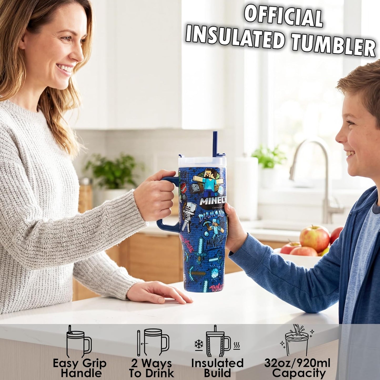 Super Mario Tumbler with Handle and Straw 32 oz, Keeps Hot 8 Hrs, Cold 12H & Ice 42H, BPA-Free Insulated Stainless Steel Water Bottle, Travel Mug, Gamer Gifts (Blue Super Mario)