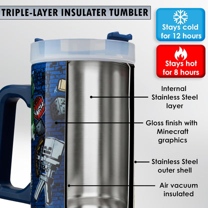 Super Mario Tumbler with Handle and Straw 32 oz, Keeps Hot 8 Hrs, Cold 12H & Ice 42H, BPA-Free Insulated Stainless Steel Water Bottle, Travel Mug, Gamer Gifts (Blue Super Mario)