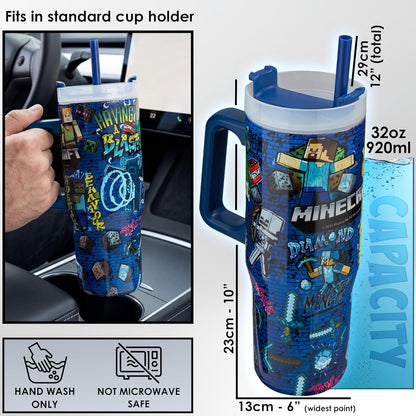 Super Mario Tumbler with Handle and Straw 32 oz, Keeps Hot 8 Hrs, Cold 12H & Ice 42H, BPA-Free Insulated Stainless Steel Water Bottle, Travel Mug, Gamer Gifts (Blue Super Mario)