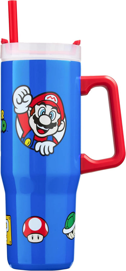 Super Mario Tumbler with Handle and Straw 32 oz, Keeps Hot 8 Hrs, Cold 12H & Ice 42H, BPA-Free Insulated Stainless Steel Water Bottle, Travel Mug, Gamer Gifts (Blue Super Mario)