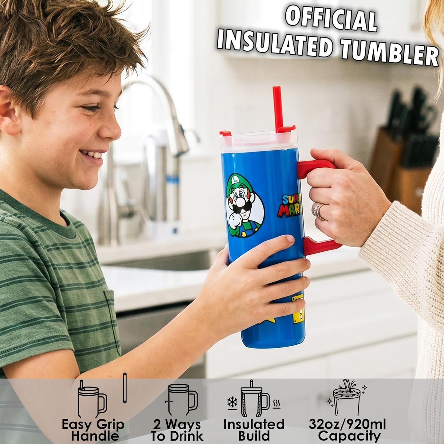 Super Mario Tumbler with Handle and Straw 32 oz, Keeps Hot 8 Hrs, Cold 12H & Ice 42H, BPA-Free Insulated Stainless Steel Water Bottle, Travel Mug, Gamer Gifts (Blue Super Mario)