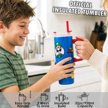 Super Mario Tumbler with Handle and Straw 32 oz, Keeps Hot 8 Hrs, Cold 12H & Ice 42H, BPA-Free Insulated Stainless Steel Water Bottle, Travel Mug, Gamer Gifts (Blue Super Mario)