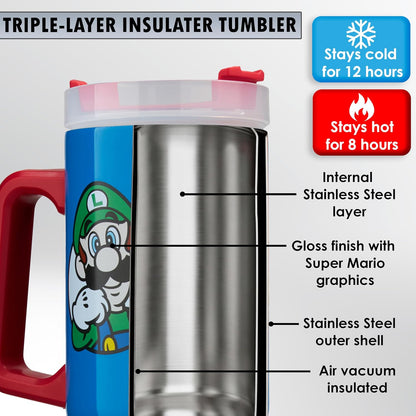 Super Mario Tumbler with Handle and Straw 32 oz, Keeps Hot 8 Hrs, Cold 12H & Ice 42H, BPA-Free Insulated Stainless Steel Water Bottle, Travel Mug, Gamer Gifts (Blue Super Mario)