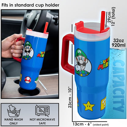 Super Mario Tumbler with Handle and Straw 32 oz, Keeps Hot 8 Hrs, Cold 12H & Ice 42H, BPA-Free Insulated Stainless Steel Water Bottle, Travel Mug, Gamer Gifts (Blue Super Mario)