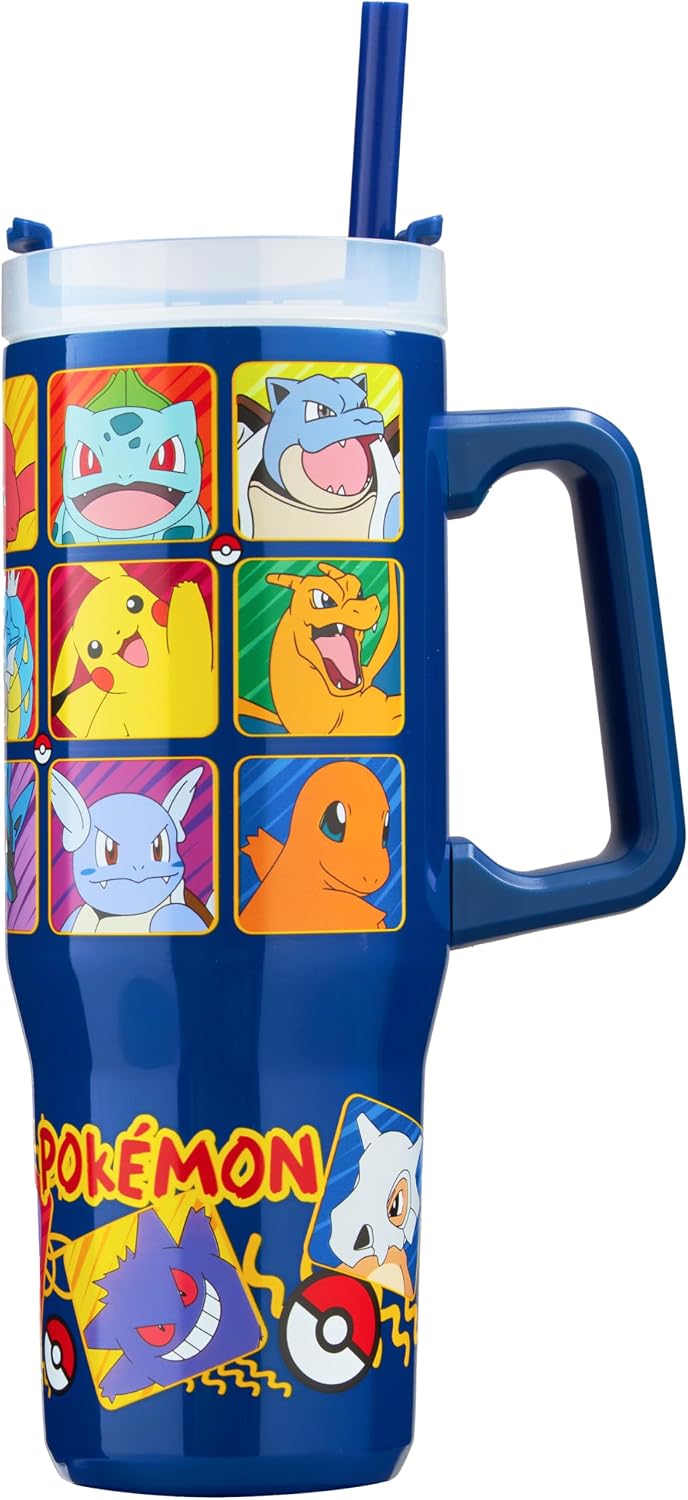 Super Mario Tumbler with Handle and Straw 32 oz, Keeps Hot 8 Hrs, Cold 12H & Ice 42H, BPA-Free Insulated Stainless Steel Water Bottle, Travel Mug, Gamer Gifts (Blue Super Mario)