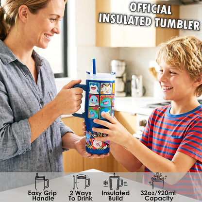 Super Mario Tumbler with Handle and Straw 32 oz, Keeps Hot 8 Hrs, Cold 12H & Ice 42H, BPA-Free Insulated Stainless Steel Water Bottle, Travel Mug, Gamer Gifts (Blue Super Mario)