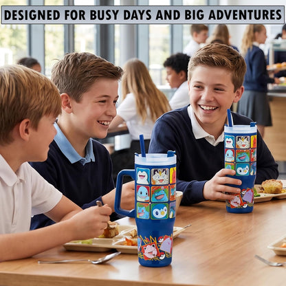 Super Mario Tumbler with Handle and Straw 32 oz, Keeps Hot 8 Hrs, Cold 12H & Ice 42H, BPA-Free Insulated Stainless Steel Water Bottle, Travel Mug, Gamer Gifts (Blue Super Mario)