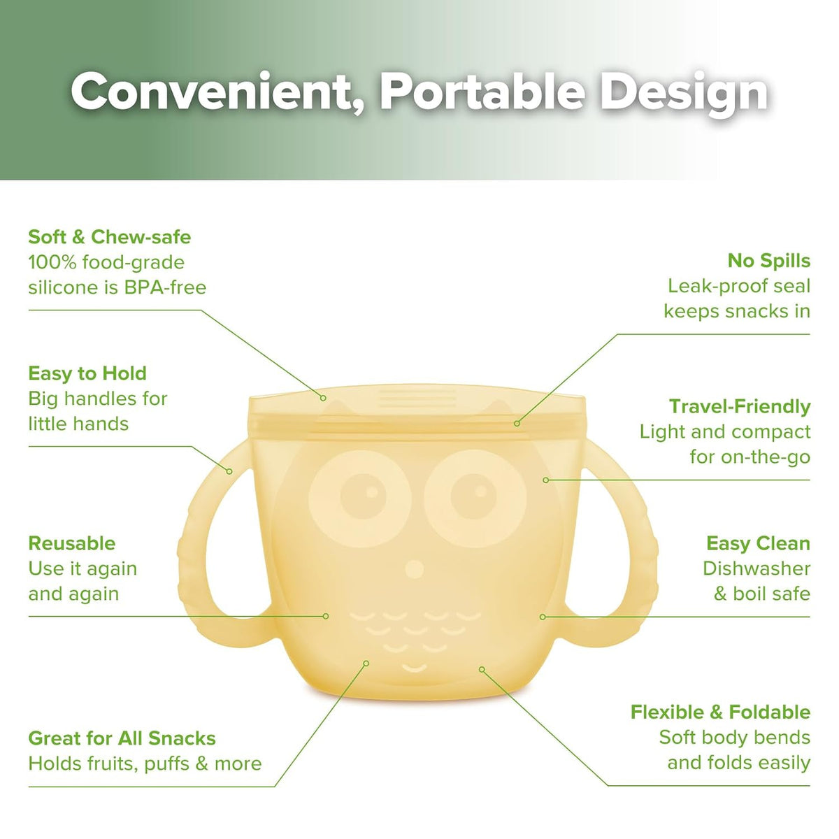 Oscar Owl Baby Snack Container-Silicone Travel Snack Pouch for Toddlers,Spill Proof Toddler Snack Cup, Reusable Snack Bags for Infant On-The-Go,BPA Free- Pea Green