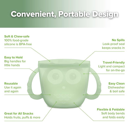 Oscar Owl Baby Snack Container-Silicone Travel Snack Pouch for Toddlers,Spill Proof Toddler Snack Cup, Reusable Snack Bags for Infant On-The-Go,BPA Free- Pea Green