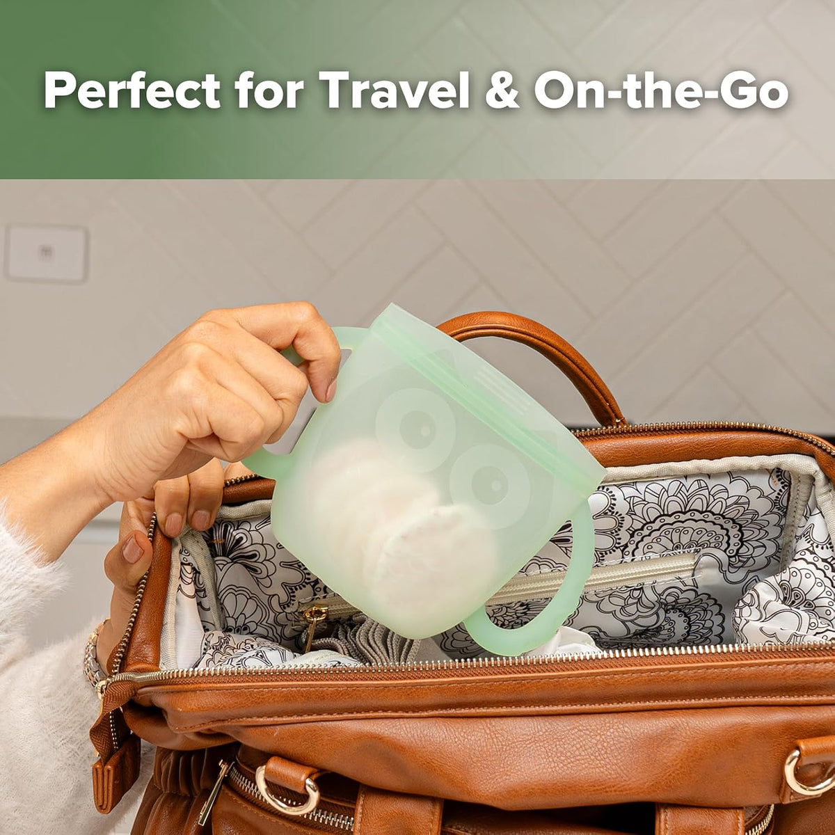Oscar Owl Baby Snack Container-Silicone Travel Snack Pouch for Toddlers,Spill Proof Toddler Snack Cup, Reusable Snack Bags for Infant On-The-Go,BPA Free- Pea Green