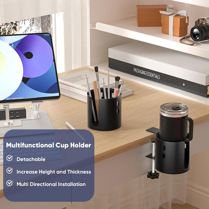 4-in-1 Desk Organizer- Large Desk Cup Holder Clamp with Headphone Stand, Pencil Holder and Phone Stand - Detachable, Rotating Hanger, Office & PC Gaming Accessories for Cup, Phone and Pen