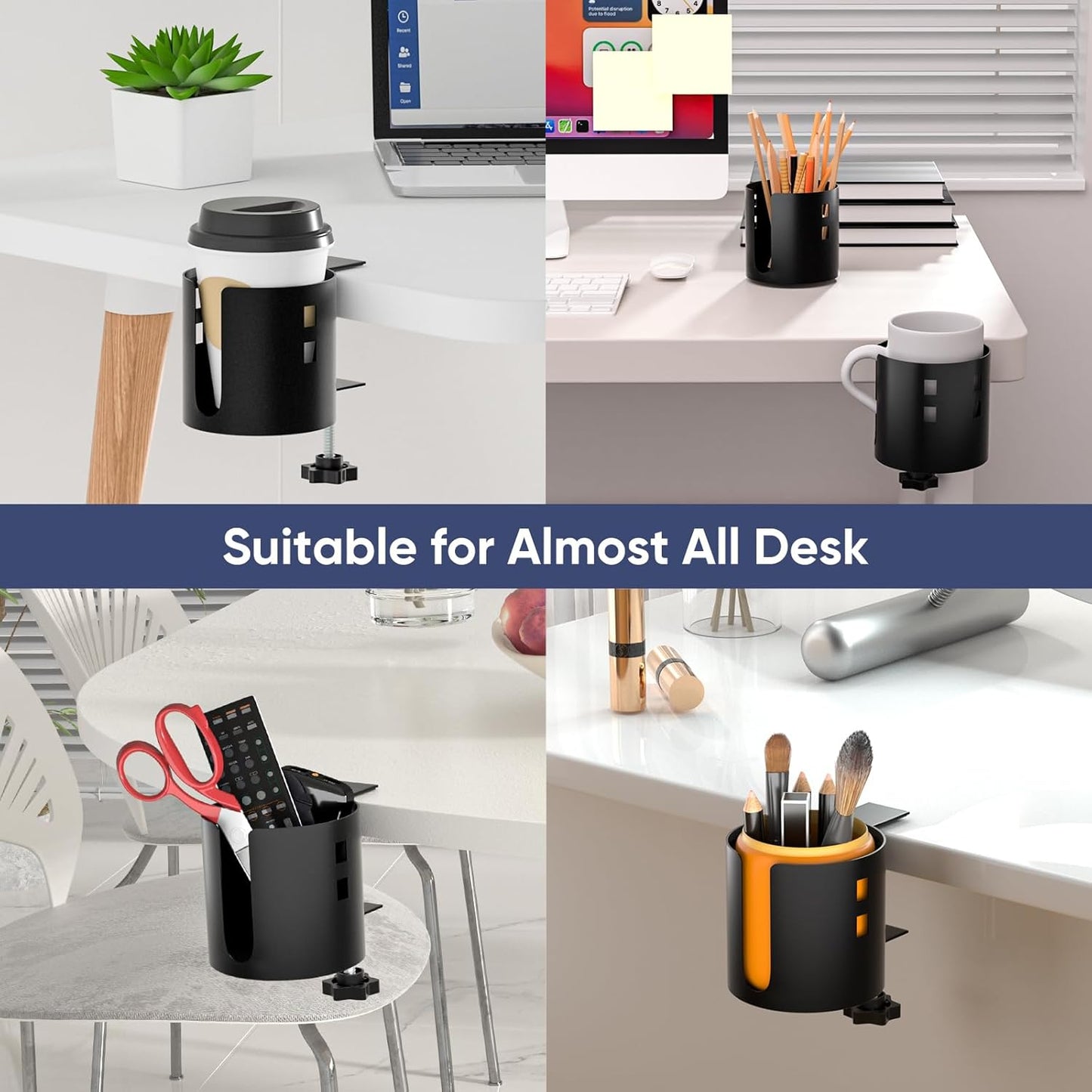 4-in-1 Desk Organizer- Large Desk Cup Holder Clamp with Headphone Stand, Pencil Holder and Phone Stand - Detachable, Rotating Hanger, Office & PC Gaming Accessories for Cup, Phone and Pen
