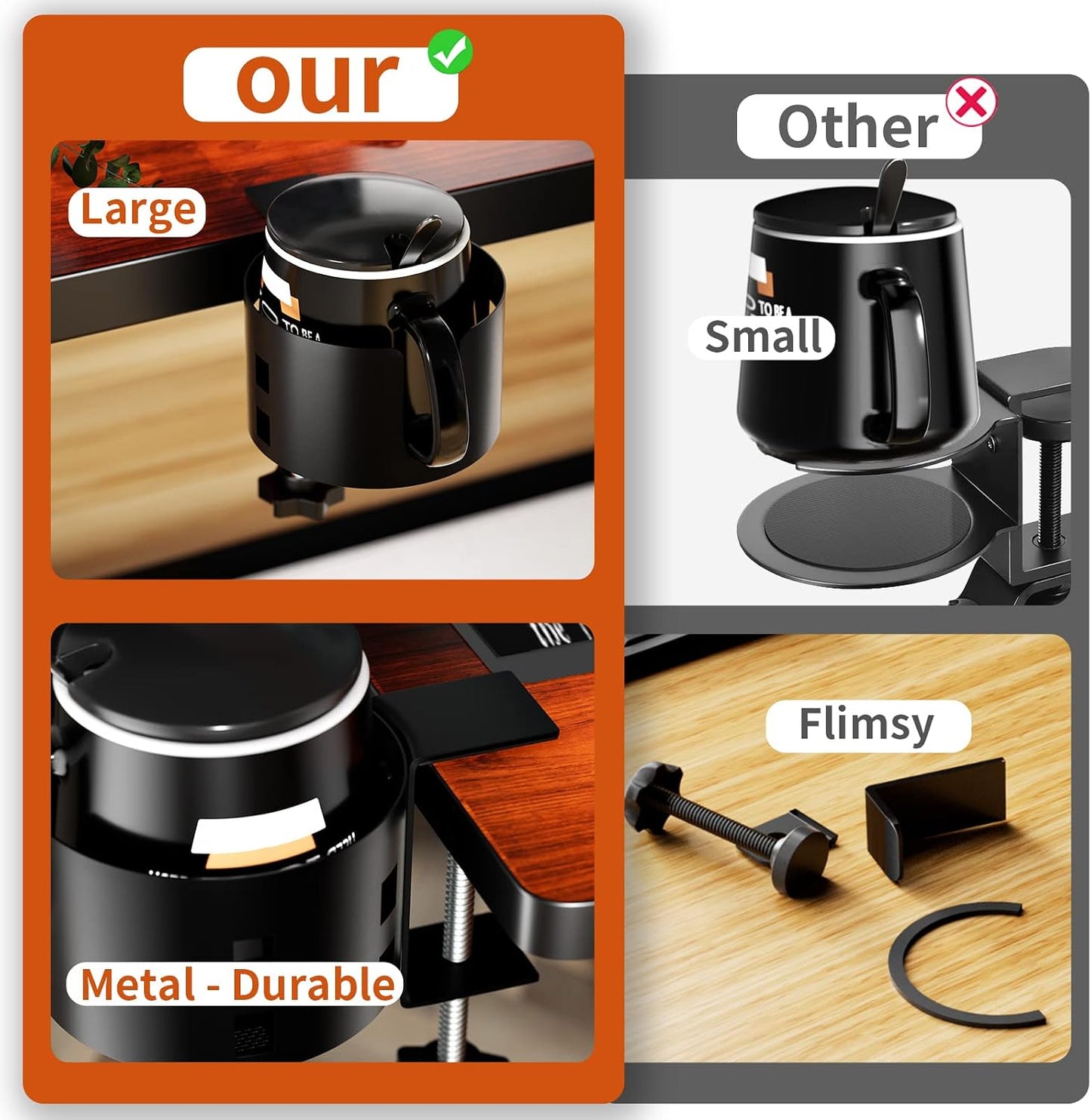 4-in-1 Desk Organizer- Large Desk Cup Holder Clamp with Headphone Stand, Pencil Holder and Phone Stand - Detachable, Rotating Hanger, Office & PC Gaming Accessories for Cup, Phone and Pen