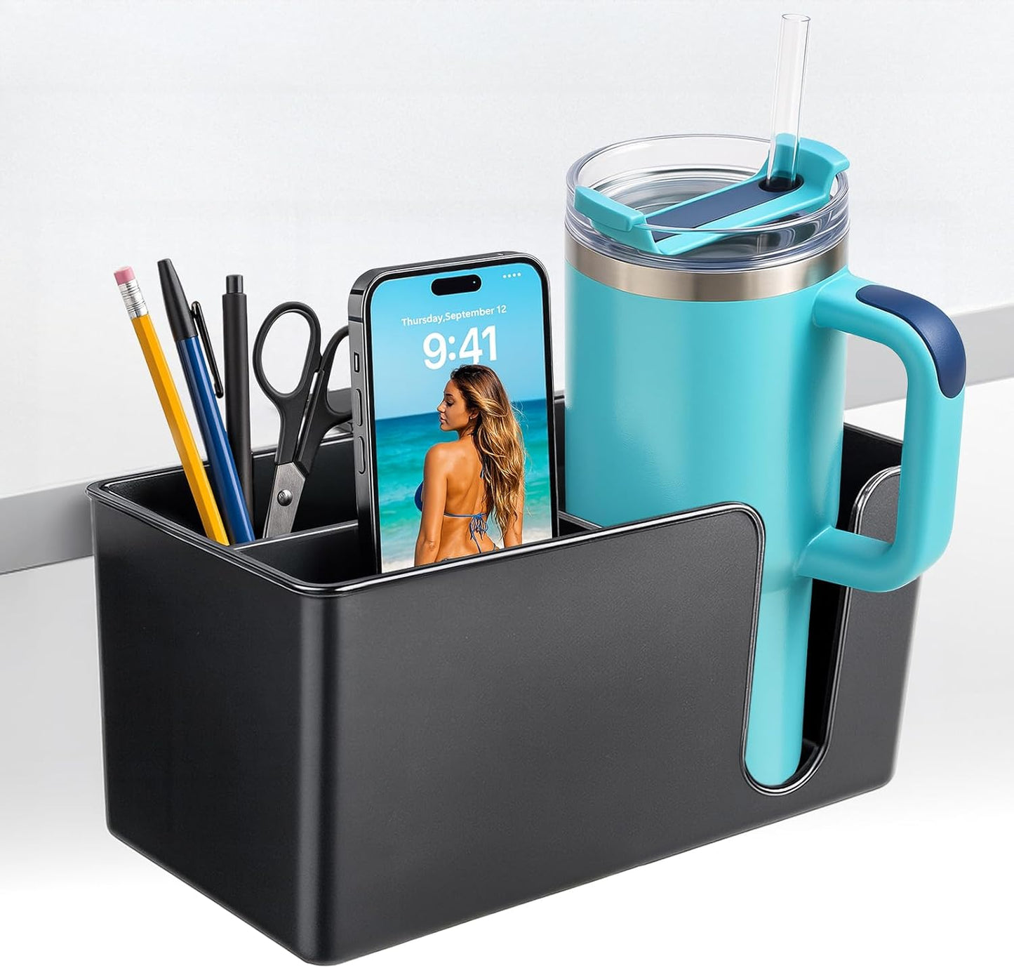 4-in-1 Desk Organizer- Large Desk Cup Holder Clamp with Headphone Stand, Pencil Holder and Phone Stand - Detachable, Rotating Hanger, Office & PC Gaming Accessories for Cup, Phone and Pen