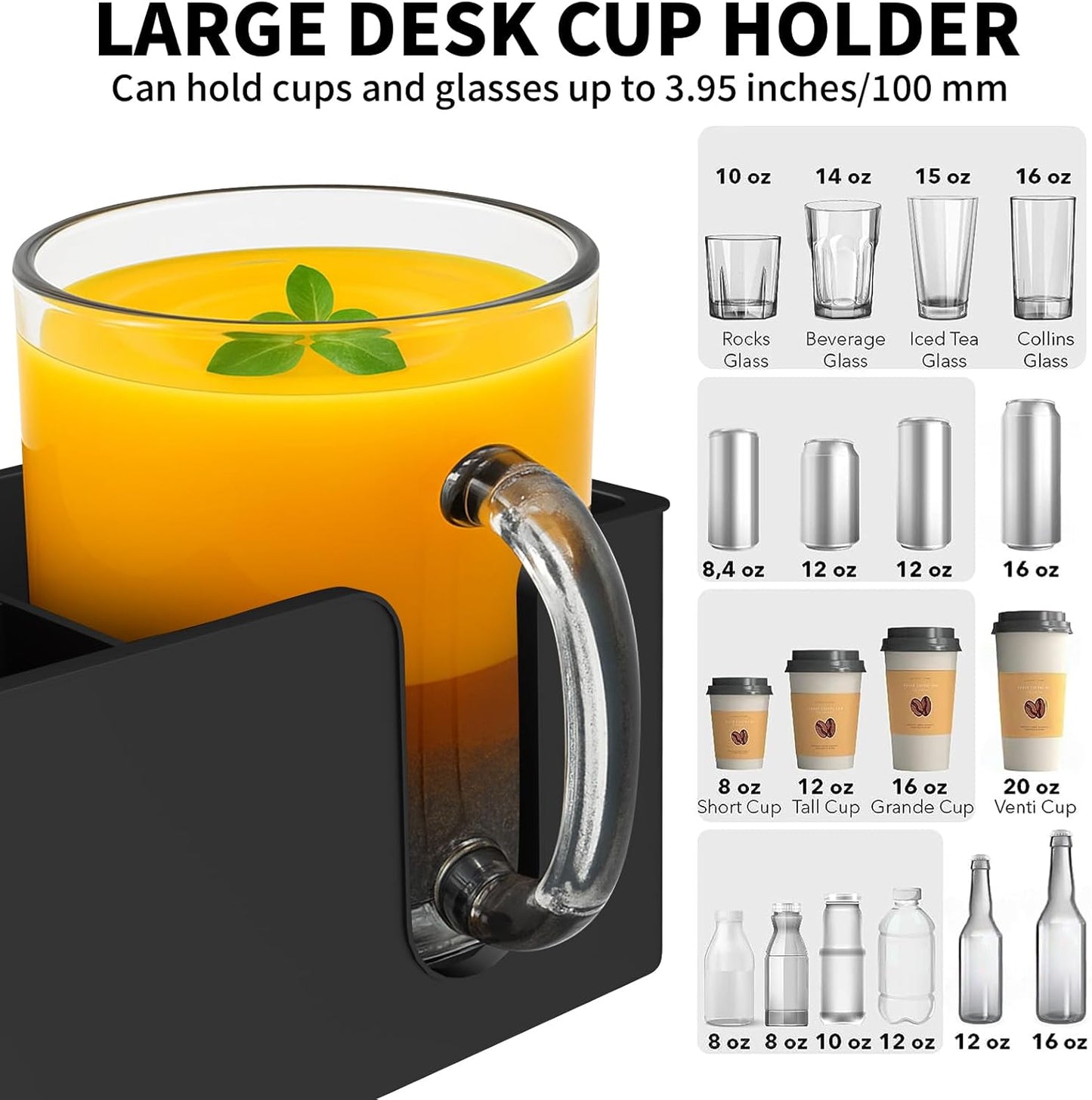 4-in-1 Desk Organizer- Large Desk Cup Holder Clamp with Headphone Stand, Pencil Holder and Phone Stand - Detachable, Rotating Hanger, Office & PC Gaming Accessories for Cup, Phone and Pen