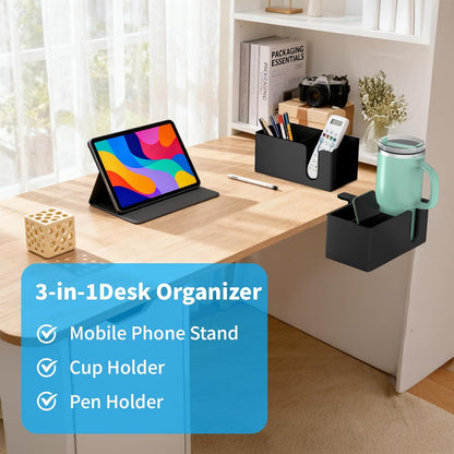 4-in-1 Desk Organizer- Large Desk Cup Holder Clamp with Headphone Stand, Pencil Holder and Phone Stand - Detachable, Rotating Hanger, Office & PC Gaming Accessories for Cup, Phone and Pen