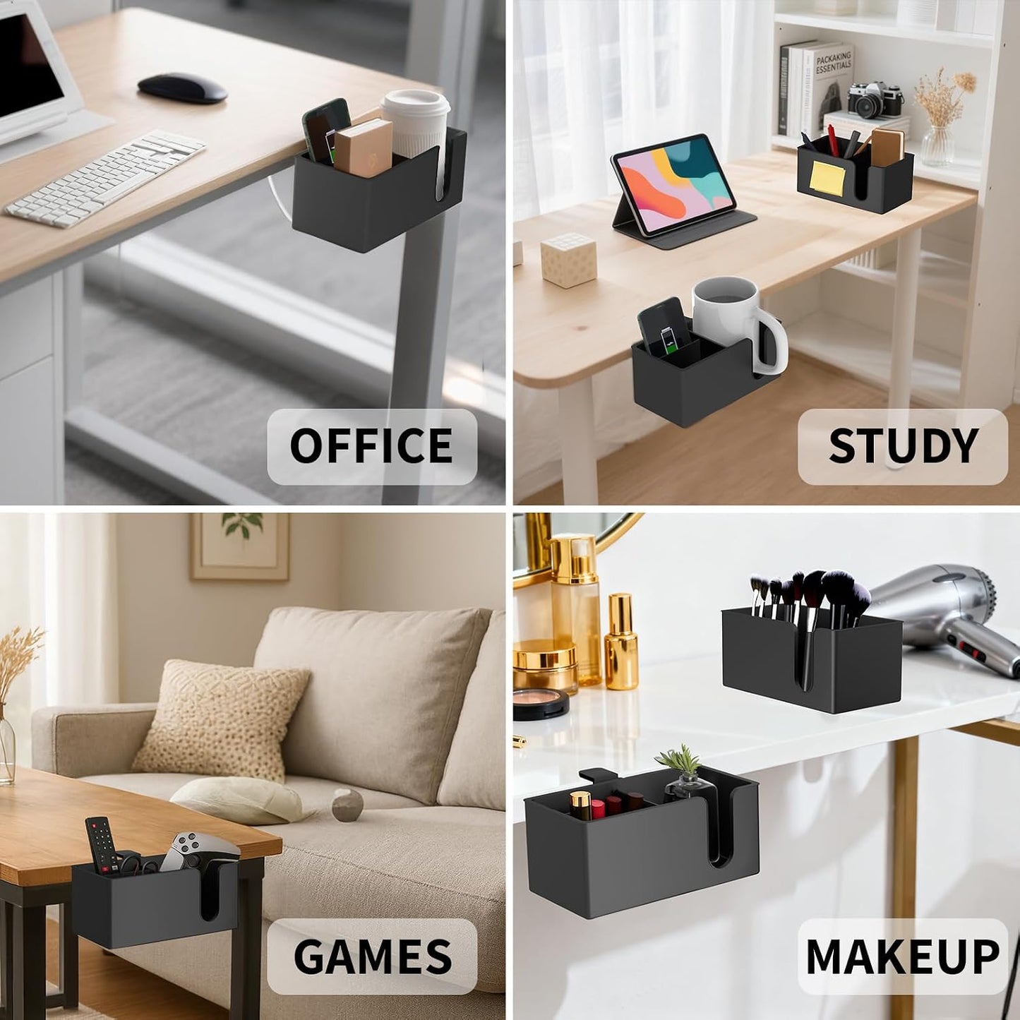 4-in-1 Desk Organizer- Large Desk Cup Holder Clamp with Headphone Stand, Pencil Holder and Phone Stand - Detachable, Rotating Hanger, Office & PC Gaming Accessories for Cup, Phone and Pen