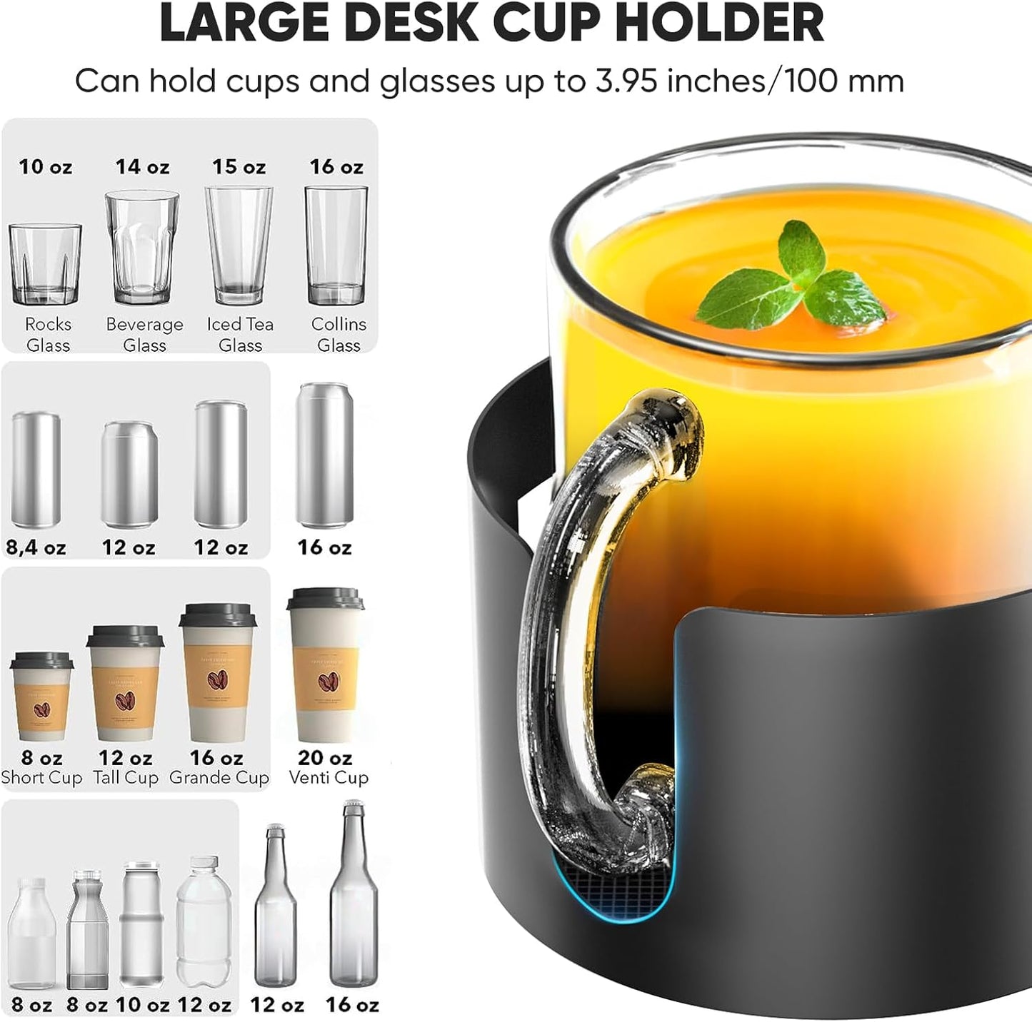 4-in-1 Desk Organizer- Large Desk Cup Holder Clamp with Headphone Stand, Pencil Holder and Phone Stand - Detachable, Rotating Hanger, Office & PC Gaming Accessories for Cup, Phone and Pen