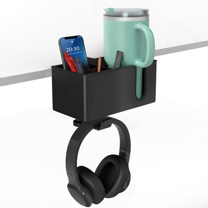 4-in-1 Desk Organizer- Large Desk Cup Holder Clamp with Headphone Stand, Pencil Holder and Phone Stand - Detachable, Rotating Hanger, Office & PC Gaming Accessories for Cup, Phone and Pen