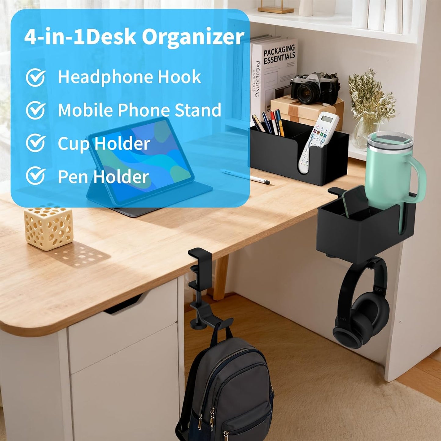 4-in-1 Desk Organizer- Large Desk Cup Holder Clamp with Headphone Stand, Pencil Holder and Phone Stand - Detachable, Rotating Hanger, Office & PC Gaming Accessories for Cup, Phone and Pen
