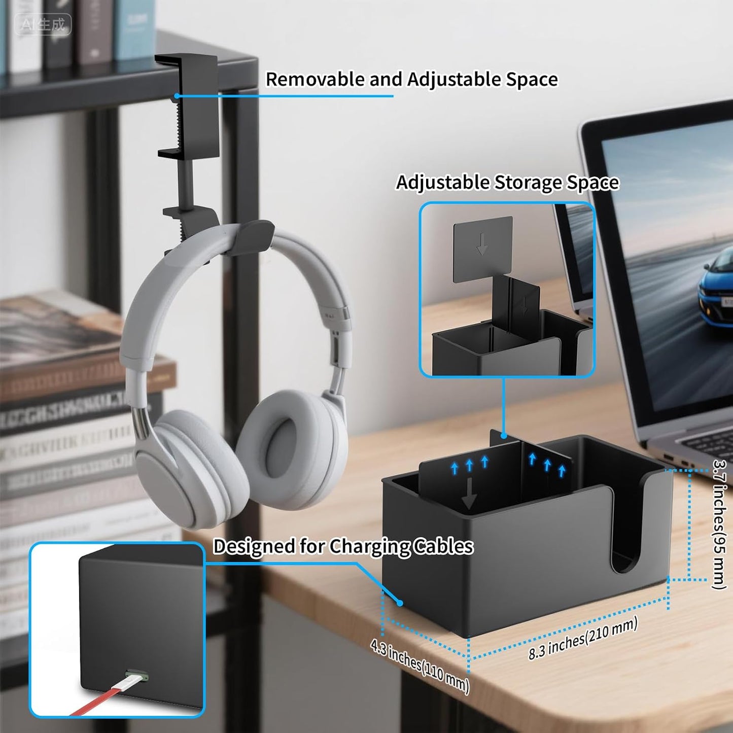 4-in-1 Desk Organizer- Large Desk Cup Holder Clamp with Headphone Stand, Pencil Holder and Phone Stand - Detachable, Rotating Hanger, Office & PC Gaming Accessories for Cup, Phone and Pen