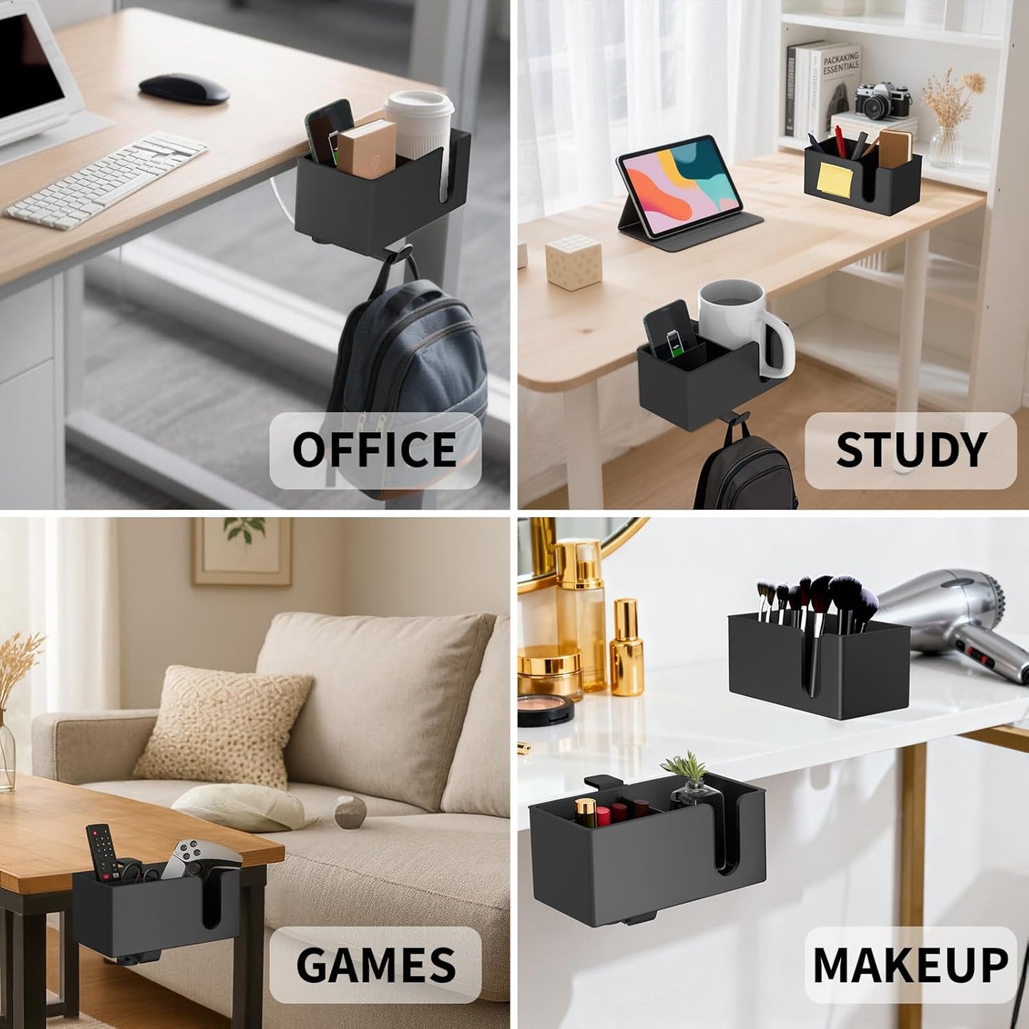 4-in-1 Desk Organizer- Large Desk Cup Holder Clamp with Headphone Stand, Pencil Holder and Phone Stand - Detachable, Rotating Hanger, Office & PC Gaming Accessories for Cup, Phone and Pen