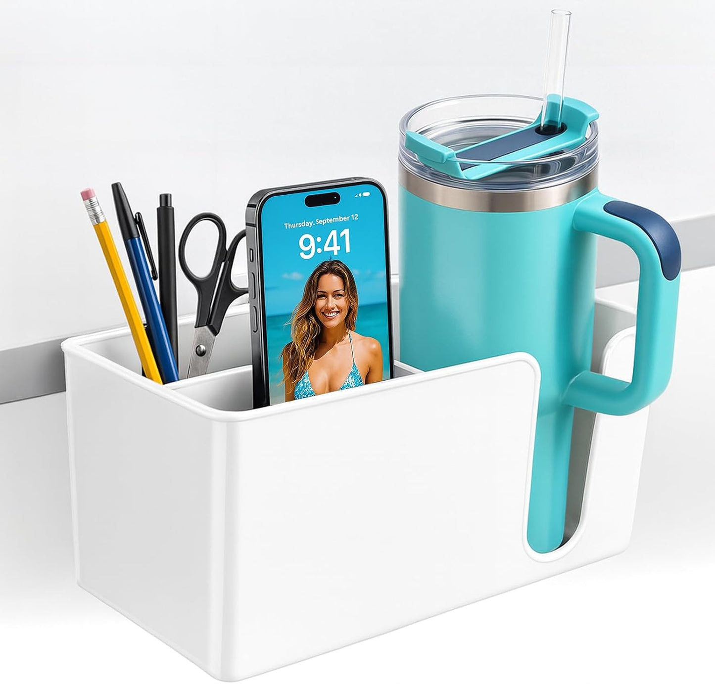4-in-1 Desk Organizer- Large Desk Cup Holder Clamp with Headphone Stand, Pencil Holder and Phone Stand - Detachable, Rotating Hanger, Office & PC Gaming Accessories for Cup, Phone and Pen