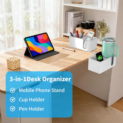 4-in-1 Desk Organizer- Large Desk Cup Holder Clamp with Headphone Stand, Pencil Holder and Phone Stand - Detachable, Rotating Hanger, Office & PC Gaming Accessories for Cup, Phone and Pen