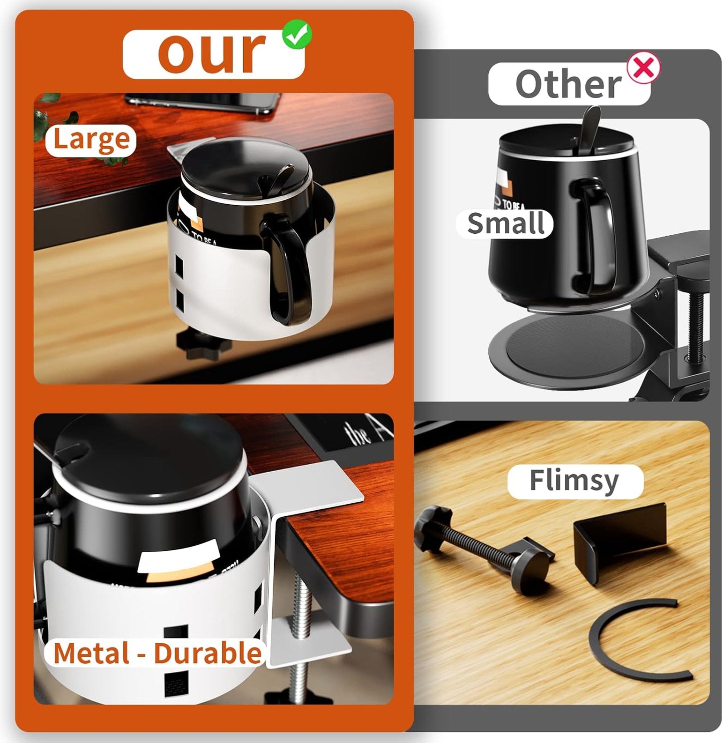4-in-1 Desk Organizer- Large Desk Cup Holder Clamp with Headphone Stand, Pencil Holder and Phone Stand - Detachable, Rotating Hanger, Office & PC Gaming Accessories for Cup, Phone and Pen