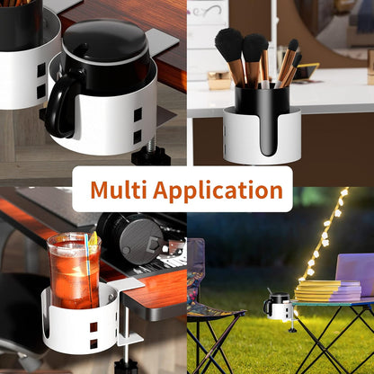 4-in-1 Desk Organizer- Large Desk Cup Holder Clamp with Headphone Stand, Pencil Holder and Phone Stand - Detachable, Rotating Hanger, Office & PC Gaming Accessories for Cup, Phone and Pen