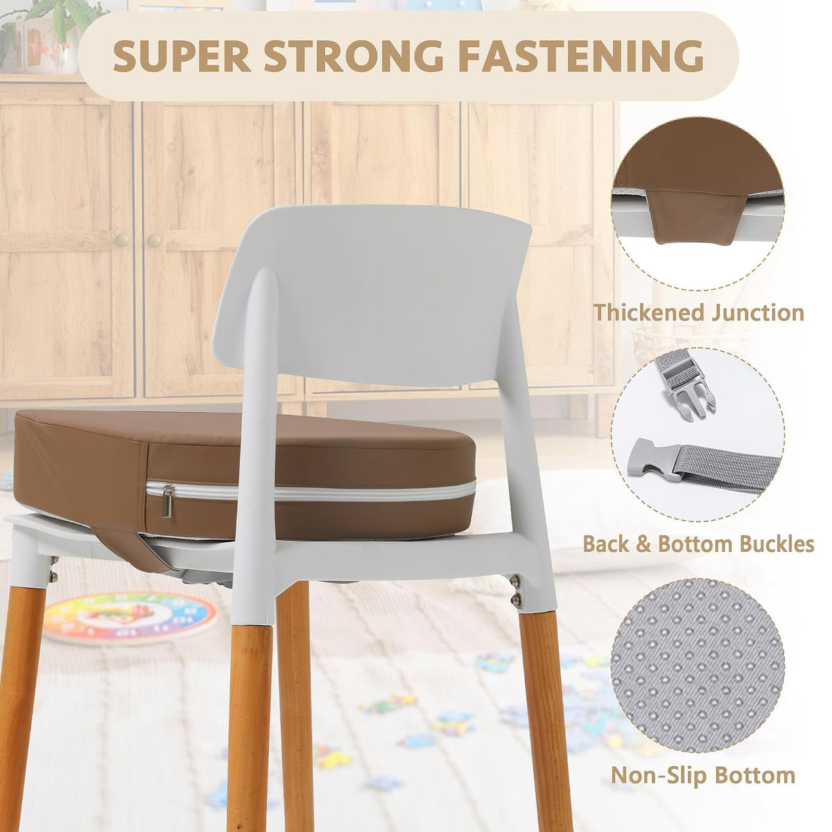 U-Shaped Toddler Booster Seat for Kitchen Chair (Big Size) Dining Table, Portable Waterproof PU Material Kids Booster Seat with Safety Buckles, High Cushion for Travel with Non-Slip Bottom