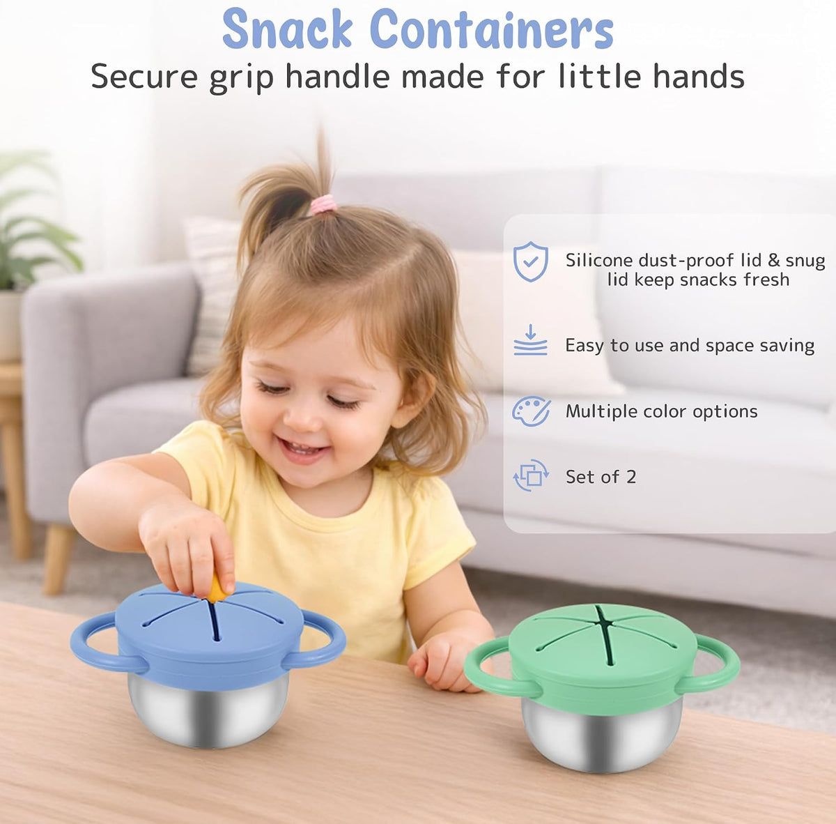 Stainless Steel Snack Containers with Lids, Snack cups with Silicone Food Catcher for Toddlers (Color 1)