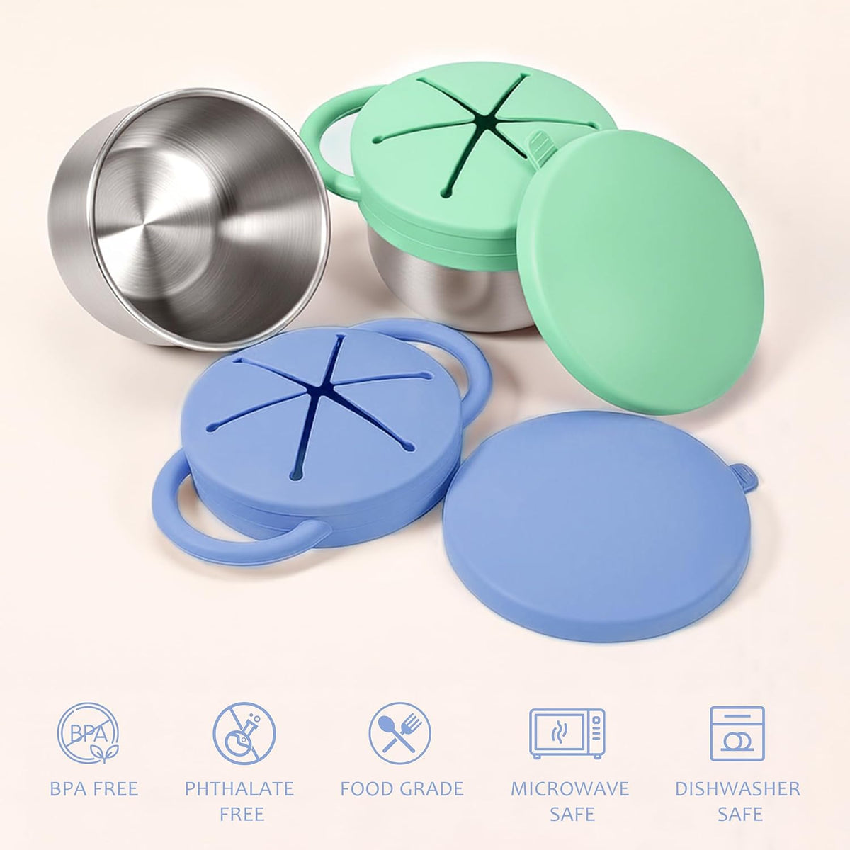 Stainless Steel Snack Containers with Lids, Snack cups with Silicone Food Catcher for Toddlers (Color 1)