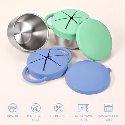 Stainless Steel Snack Containers with Lids, Snack cups with Silicone Food Catcher for Toddlers (Color 1)