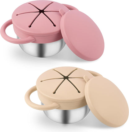 Stainless Steel Snack Containers with Lids, Snack cups with Silicone Food Catcher for Toddlers (Color 1)