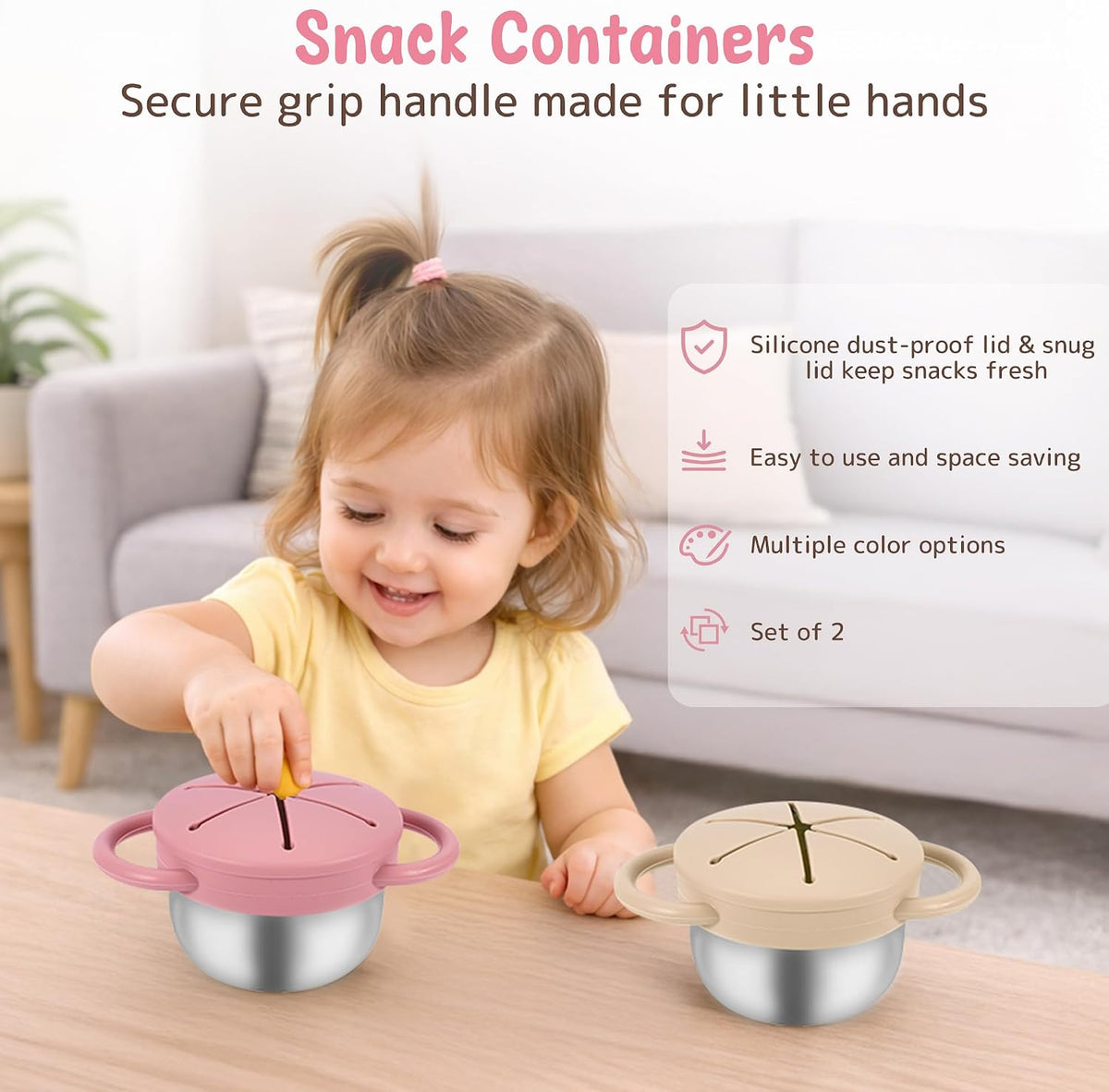 Stainless Steel Snack Containers with Lids, Snack cups with Silicone Food Catcher for Toddlers (Color 1)