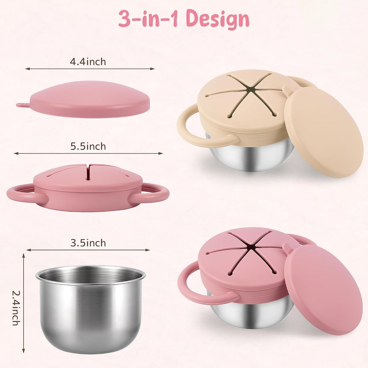 Stainless Steel Snack Containers with Lids, Snack cups with Silicone Food Catcher for Toddlers (Color 1)