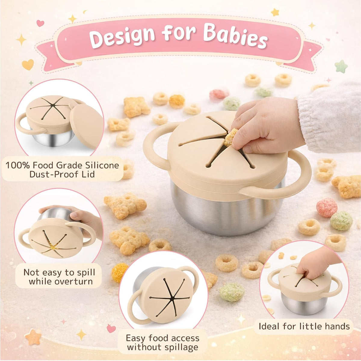 Stainless Steel Snack Containers with Lids, Snack cups with Silicone Food Catcher for Toddlers (Color 1)