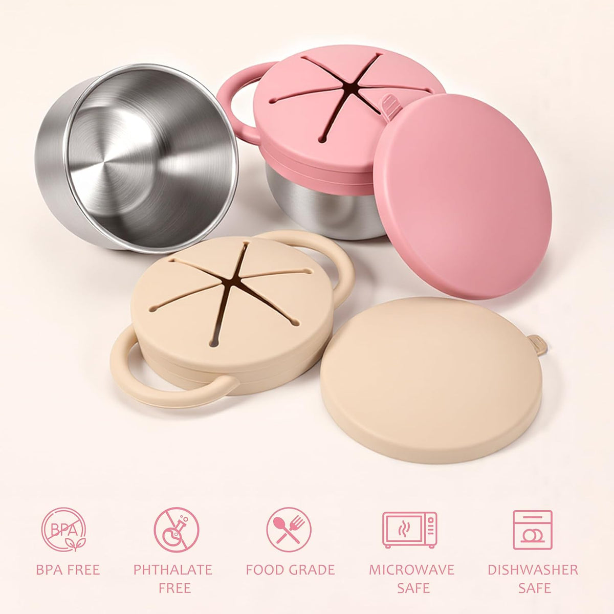 Stainless Steel Snack Containers with Lids, Snack cups with Silicone Food Catcher for Toddlers (Color 1)