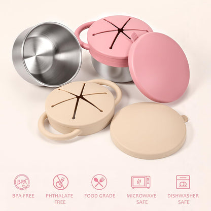 Stainless Steel Snack Containers with Lids, Snack cups with Silicone Food Catcher for Toddlers (Color 1)