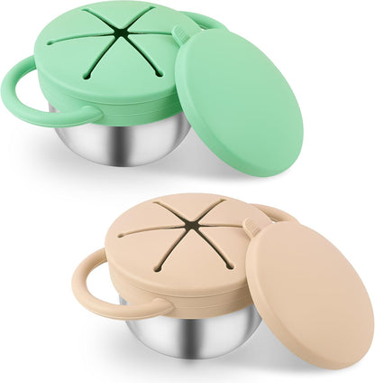 Stainless Steel Snack Containers with Lids, Snack cups with Silicone Food Catcher for Toddlers (Color 1)