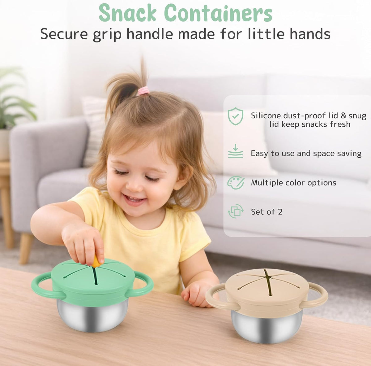Stainless Steel Snack Containers with Lids, Snack cups with Silicone Food Catcher for Toddlers (Color 1)