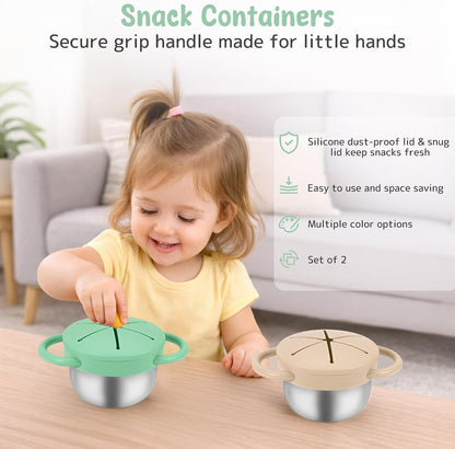 Stainless Steel Snack Containers with Lids, Snack cups with Silicone Food Catcher for Toddlers (Color 1)