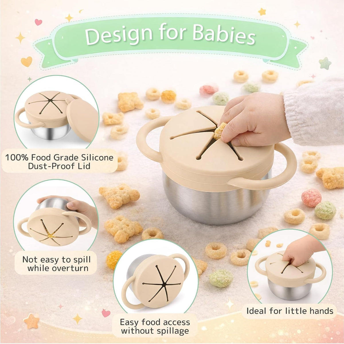 Stainless Steel Snack Containers with Lids, Snack cups with Silicone Food Catcher for Toddlers (Color 1)