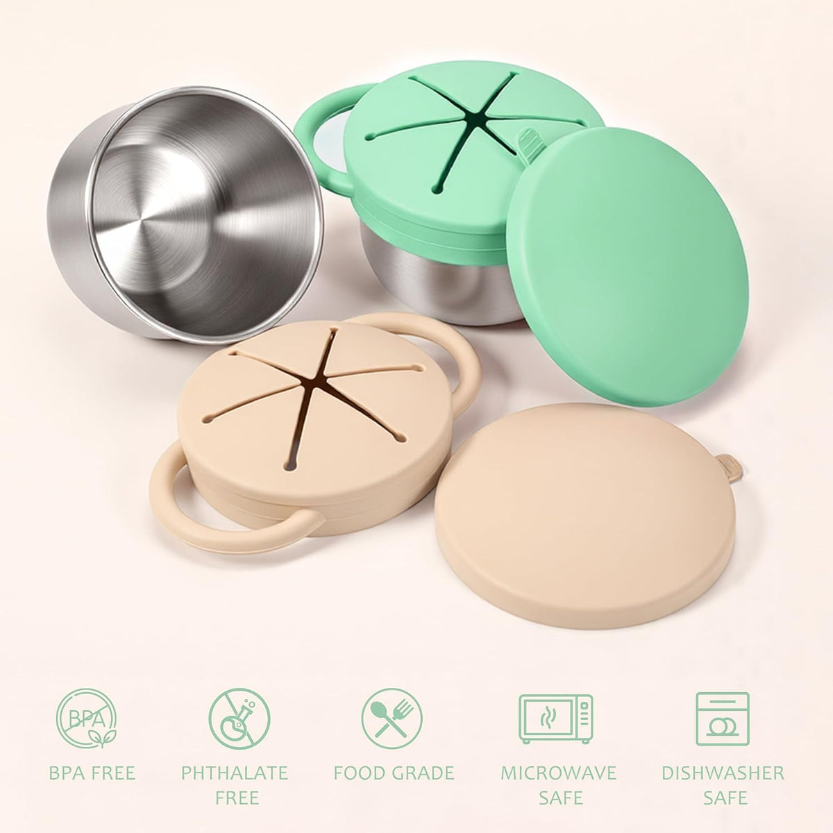 Stainless Steel Snack Containers with Lids, Snack cups with Silicone Food Catcher for Toddlers (Color 1)